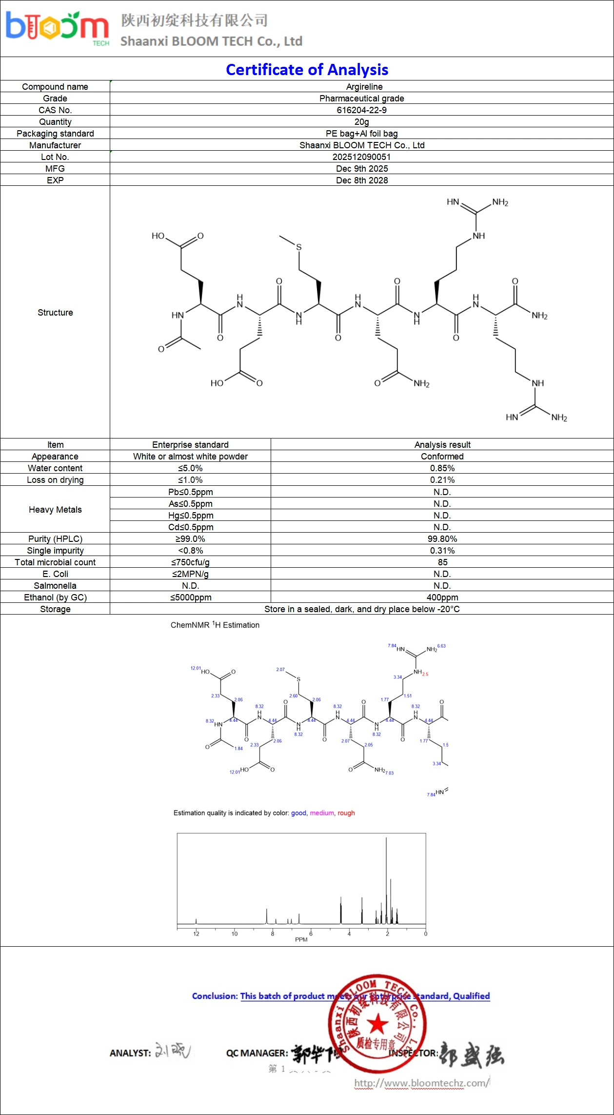 Argireline COA | Shaanxi BLOOM Tech Co., Ltd Argireline COA | Shaanxi BLOOM Tech Co., Ltd