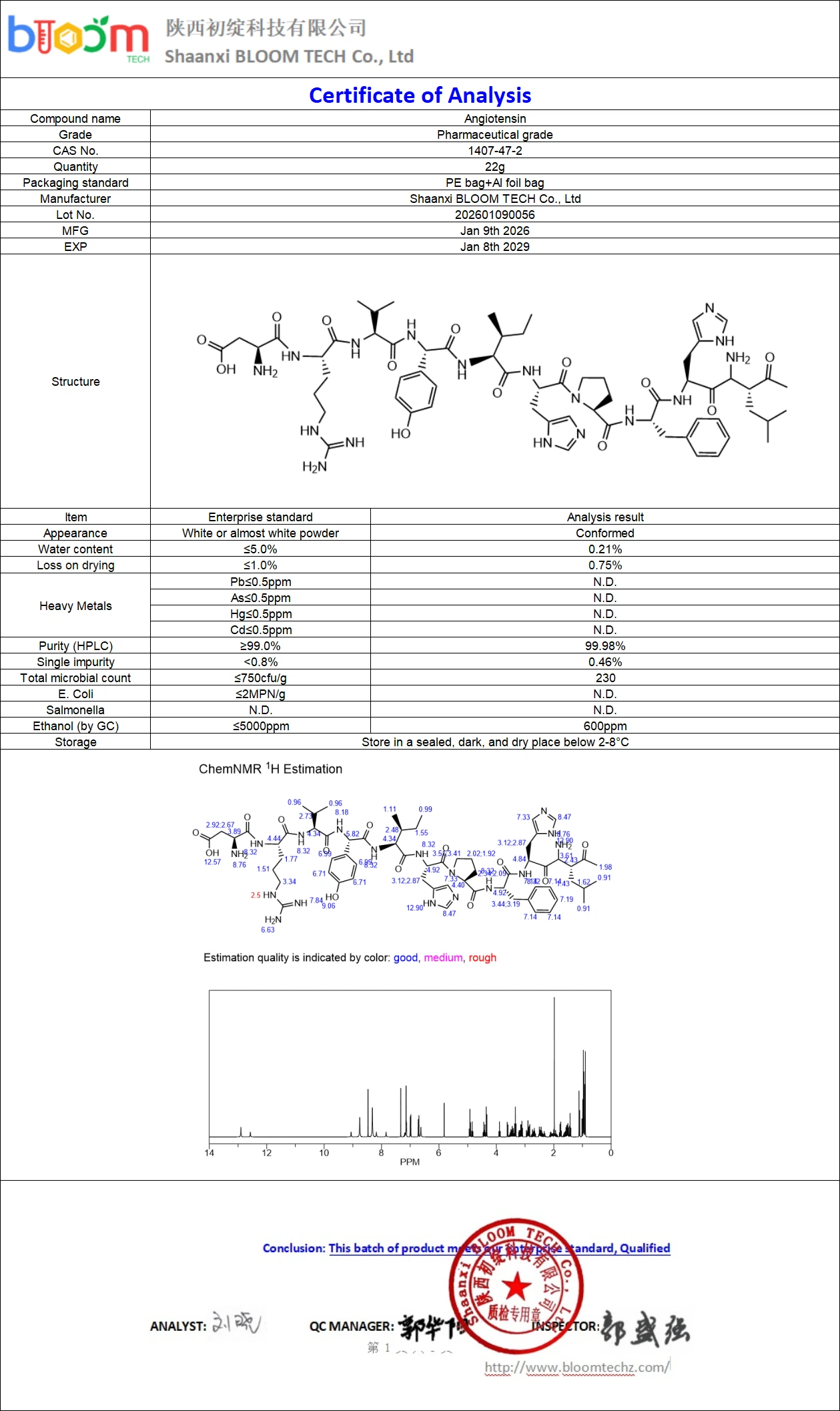 Angiotensin COA | Shaanxi BLOOM Tech Co., Ltd Angiotensin COA | Shaanxi BLOOM Tech Co., Ltd